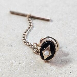 Swank Vintage Gold Tone Tie Tack Pin Black Onyx Faux Pearl Oval Mens
